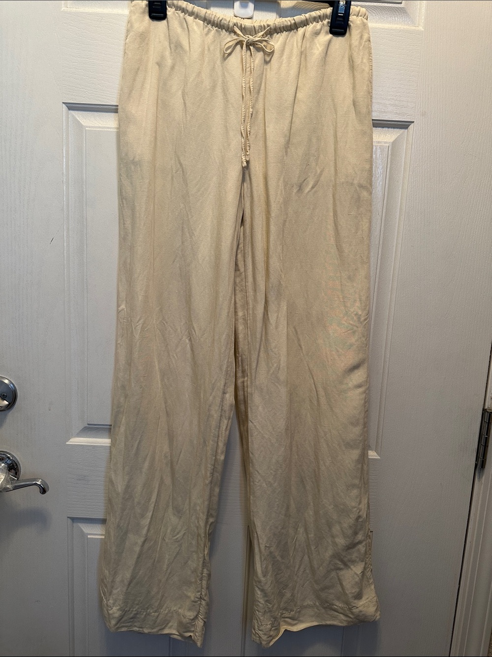 H&M Cream Linen Blend Natural Basic Wide-Leg Drawstring Lounge Pants Size Small